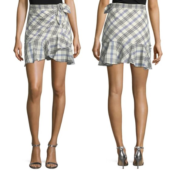 NWT Veronica Beard Kaia Check Ruffle Tie-waist Mini Skirt Sz 12 Blue Plaid - Picture 1 of 11